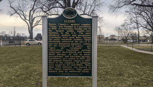 Historical marker for Eloise, a former psychiatric complex in Michigan, detailing its history and services provided.