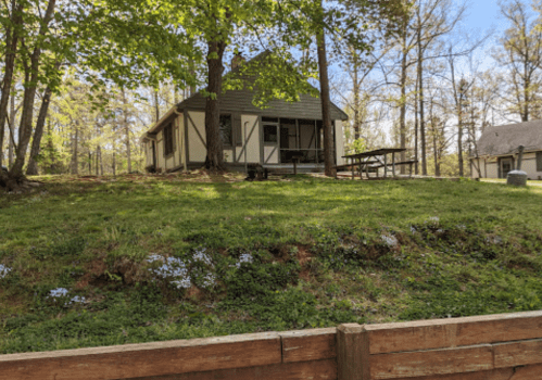 A cozy cabin surrounded by trees and greenery, with a picnic table in the yard and flowers blooming in the grass.