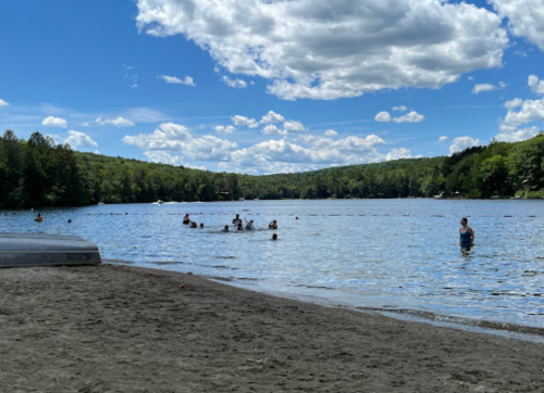 A serene lake scene with people swimming, surrounded by green trees and a blue sky with fluffy clouds.