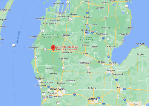 Map showing Leeverenz Lake State Forest Campground in Michigan, near Big Rapids and surrounded by forested areas.