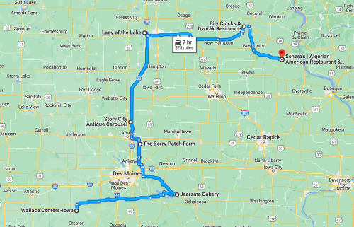 Map showing a route through Iowa, highlighting stops like Des Moines, Wallace Centers, and Schera's Restaurant.