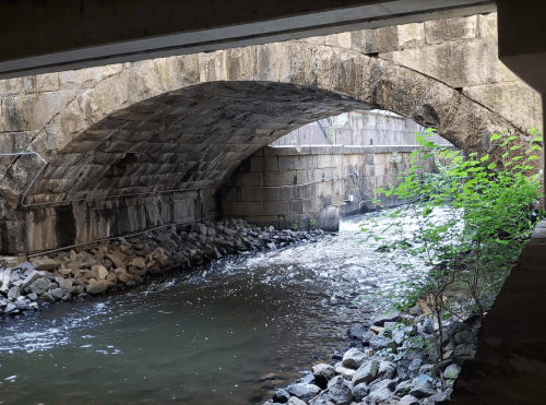 A stone arch bridge over a flowing river, with greenery and rocks lining the water's edge.