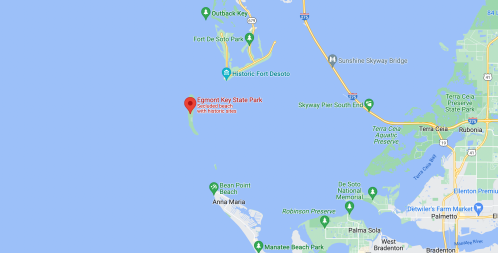 Map showing Egmont Key State Park, a secluded beach with historic sites, near the Sunshine Skyway Bridge in Florida.