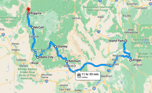 Map showing a route from Boise to Riggins, Idaho, with key locations and estimated travel time of 11 hours and 33 minutes.