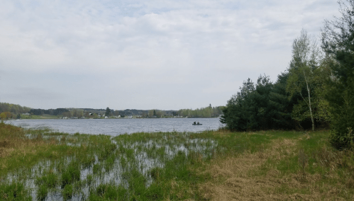 A serene lake surrounded by greenery, with a small boat in the distance under a cloudy sky.