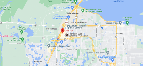 Map showing the area around Sanford, Florida, highlighting locations like Elks Fun and Firehouse Subs.