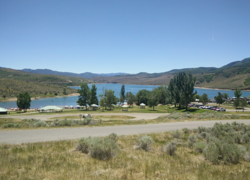 Scenic view of a lake surrounded by green hills and trees, with a clear blue sky above.