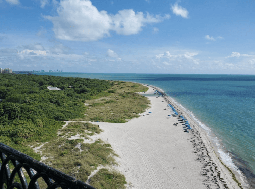 A scenic view of a sandy beach with umbrellas, lush greenery, and a clear blue sky over the ocean.