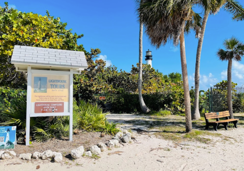 A sign for lighthouse tours near a sandy path, surrounded by greenery and a distant lighthouse under a clear blue sky.