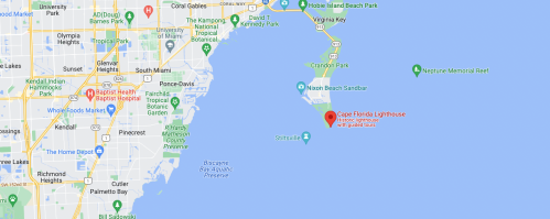 Map showing Cape Florida Lighthouse located on the coast near Key Biscayne, Florida, with nearby landmarks and roads.