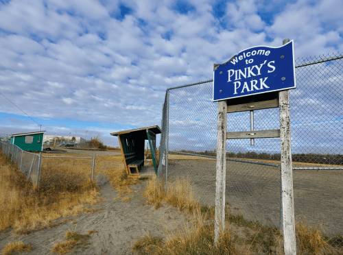 A sign reading "Welcome to Pinky's Park" at the entrance of a fenced park with a cloudy sky in the background.