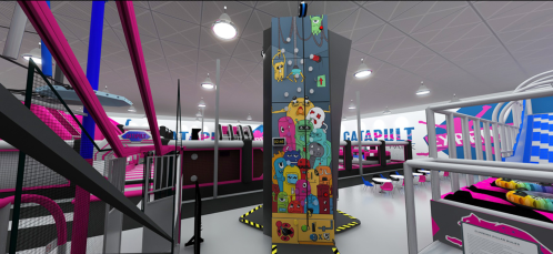 A colorful indoor climbing wall with cartoon characters, surrounded by various play equipment in a vibrant facility.