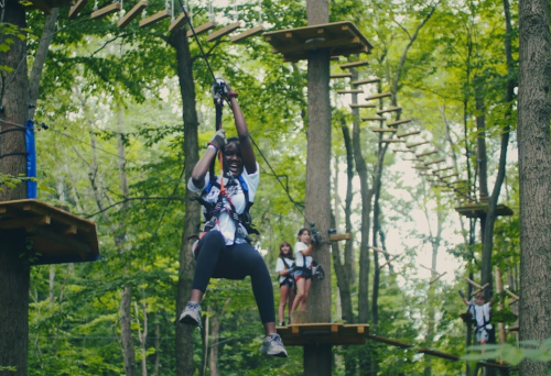 A person zip-lining through a forest, with others navigating a treetop obstacle course in the background.