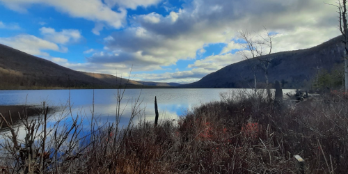 A serene lake surrounded by mountains under a partly cloudy sky, with bare trees and shrubs in the foreground.