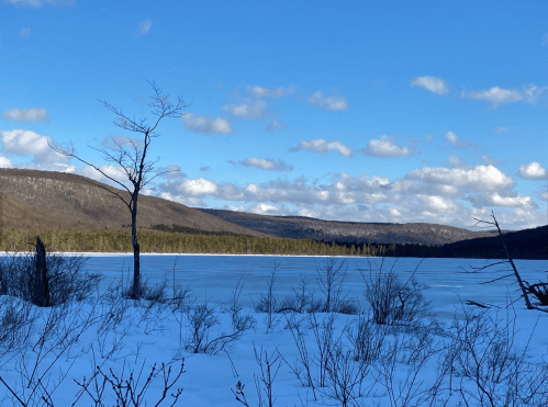 A serene winter landscape featuring a frozen lake, snow-covered ground, and distant mountains under a blue sky.