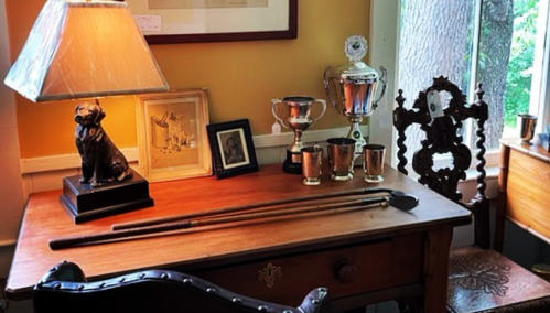 A wooden desk with a lamp, trophies, a framed picture, and decorative items, set by a window with a tree view.