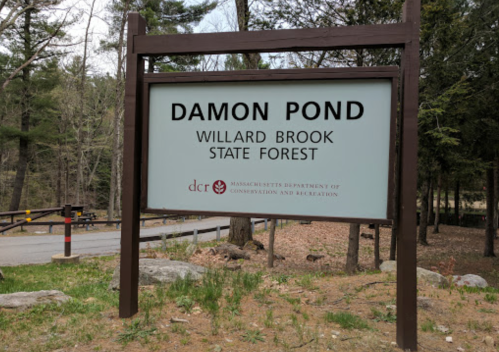 Sign for Damon Pond in Willard Brook State Forest, featuring the Massachusetts Department of Conservation and Recreation logo.
