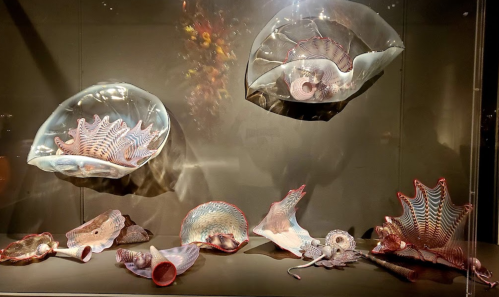 Colorful glass sculptures resembling seashells and marine life displayed in a glass case.