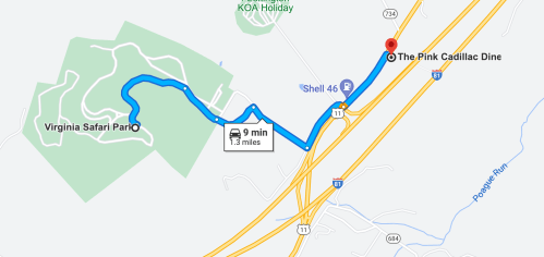 Map showing directions from Virginia Safari Park to The Pink Cadillac Diner, approximately 9 minutes and 5 miles.