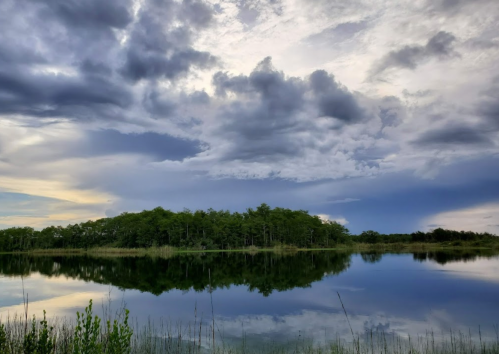 A serene lake reflects a cloudy sky and lush greenery, creating a tranquil natural scene.