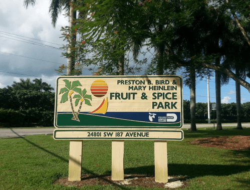 Sign for Preston B. Bird & Mary Heinlein Fruit & Spice Park, located at 24801 SW 187 Avenue, Miami-Dade County.