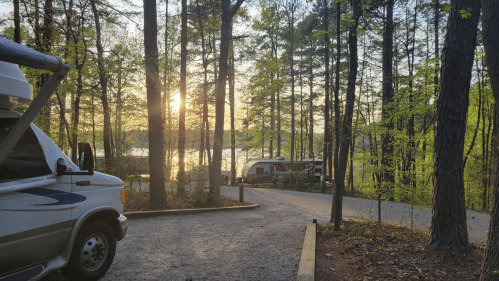 A serene campsite with RVs surrounded by trees, overlooking a lake at sunset.