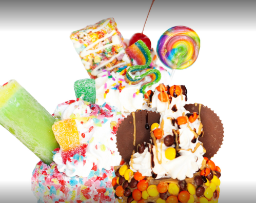 Colorful desserts featuring whipped cream, candy, and a cherry on top, arranged playfully against a white background.