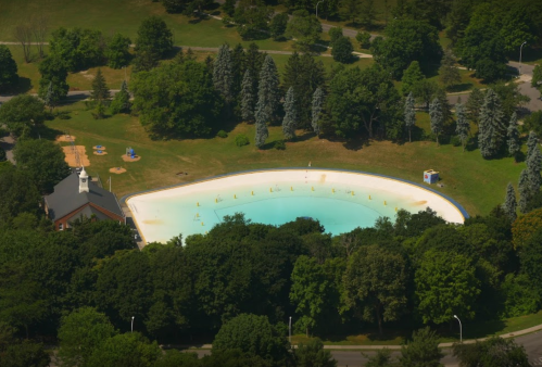 Aerial view of a large, empty swimming pool surrounded by green trees and a grassy area.