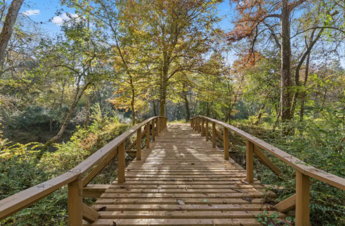 A wooden bridge leads through a vibrant forest with autumn foliage and dappled sunlight.
