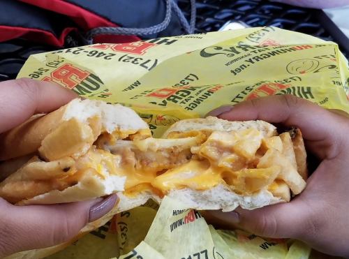 A person holds a cheesy sandwich filled with crispy chicken and fries, wrapped in yellow paper.