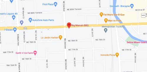 Map showing the location of Big Mama's BBQ on NE 2nd Ave, near NE 78th St, with nearby landmarks and businesses.