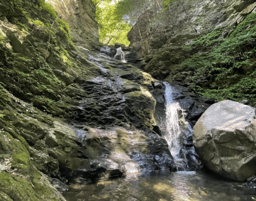 A serene waterfall cascading down rocky cliffs, surrounded by lush greenery and sunlight filtering through the trees.
