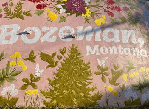 Colorful mural featuring "Bozeman, Montana" with floral and tree designs on a pink background.