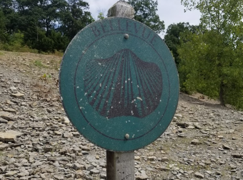 A weathered green sign with a shell design, labeled "Bellevue," set against a rocky landscape and trees.