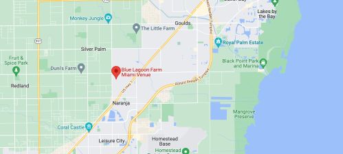 Map showing the location of Blue Lagoon Farm in Miami, near Naranja and surrounding areas.