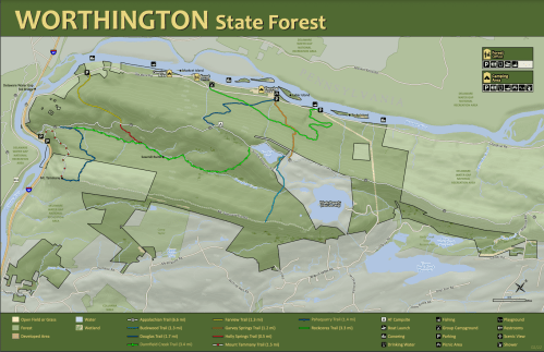 Map of Worthington State Forest showing trails, water bodies, and campgrounds, with a green and brown color scheme.