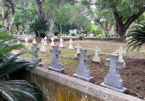A serene cemetery with stone crosses surrounded by trees and greenery, creating a peaceful atmosphere.