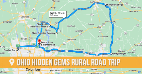 Map of a rural road trip in Ohio, highlighting hidden gems with a route from Columbus to Kenyon College.