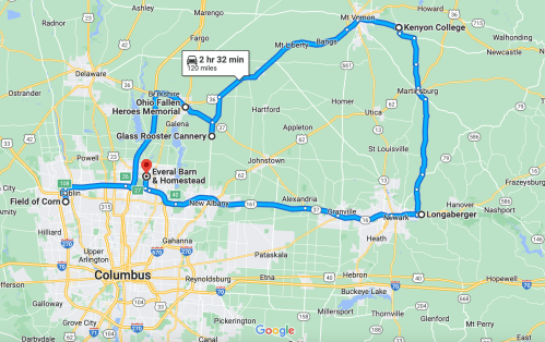 Map showing a route from Columbus to Kenyon College, passing through Newark and Longaberger, with a travel time of 2 hours 32 minutes.