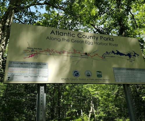 Sign for Atlantic County Parks along the Great Egg Harbor River, featuring a map and park information.