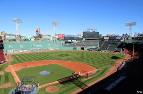A wide view of a baseball field with green grass and a clear blue sky, featuring iconic green walls in the background.