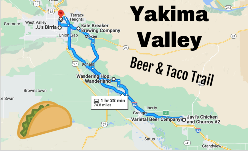 Map of Yakima Valley's Beer & Taco Trail, highlighting breweries and taco spots along a 7.8-mile route.