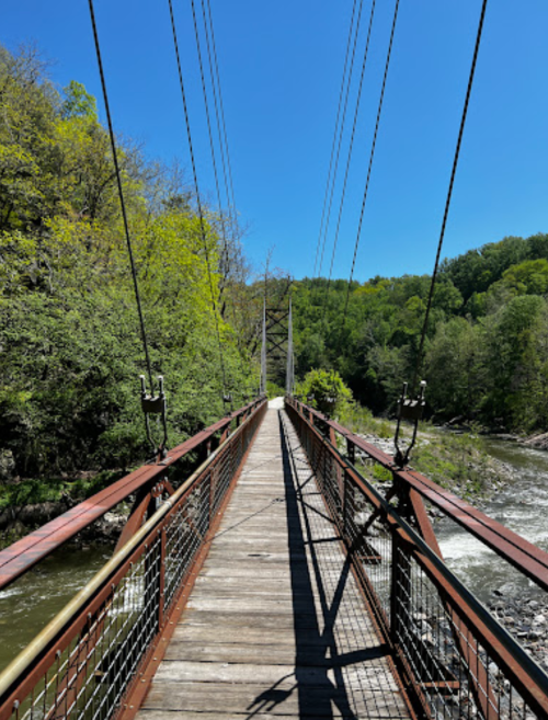 A wooden suspension bridge spans a river, surrounded by lush green trees under a clear blue sky.