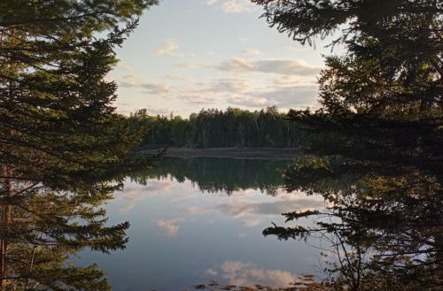 A serene lake surrounded by trees, reflecting the sky and clouds at sunset.