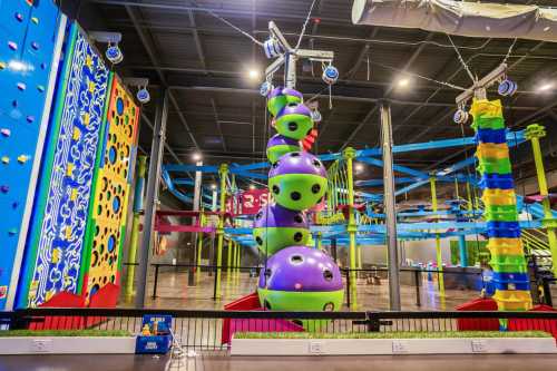 Colorful indoor climbing and obstacle course with various climbing walls and structures.