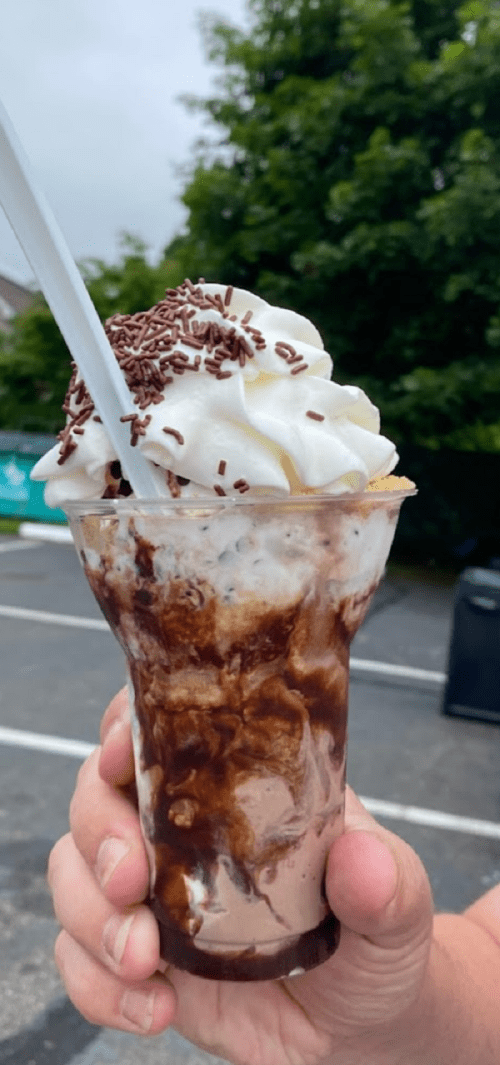 A hand holding a dessert cup filled with chocolate ice cream, whipped cream, and chocolate sprinkles.