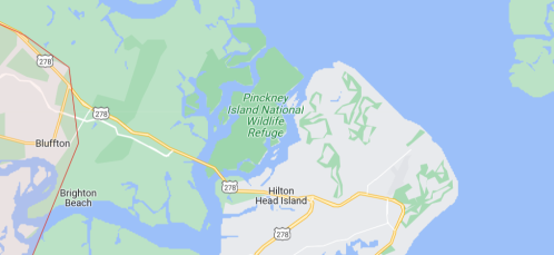 Map showing Pinckney Island National Wildlife Refuge near Hilton Head Island, with surrounding roads and waterways.