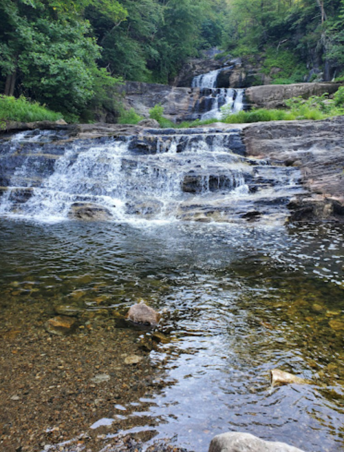 A serene waterfall cascades over rocky steps into a clear pool, surrounded by lush green trees.