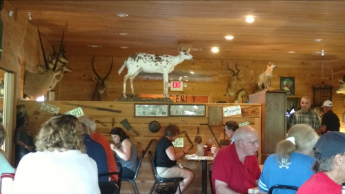 A rustic restaurant interior with wooden walls, taxidermy animals, and diners enjoying their meals at tables.