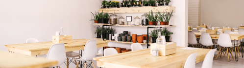 Bright, modern café interior with wooden tables, white chairs, and shelves of plants and jars.